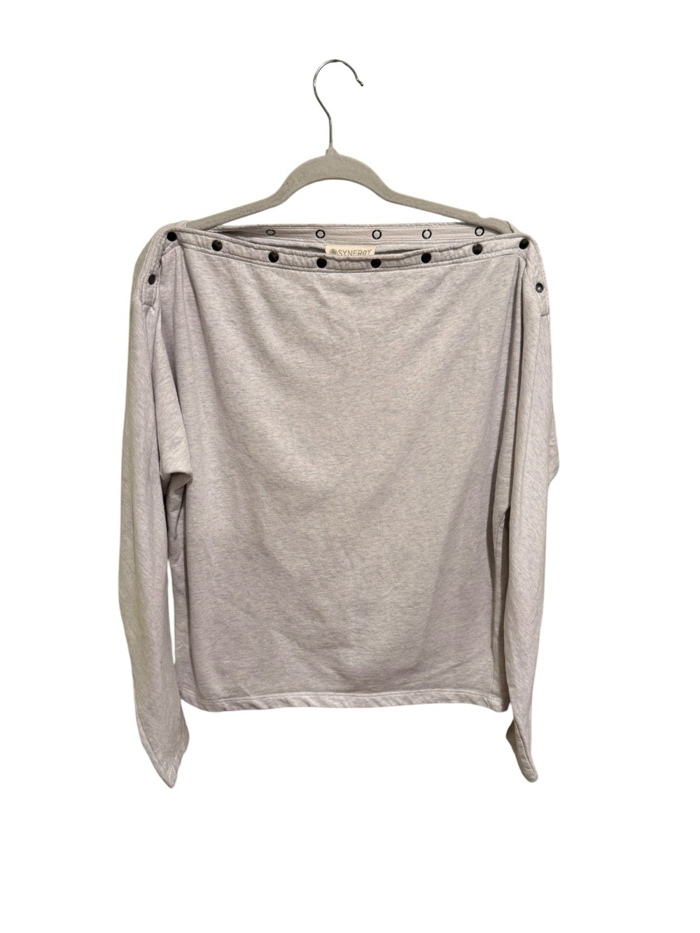 Synergy Organic Cotton Off-Shoulder Snap-Trim Long Sleeve Top — Light Grey
